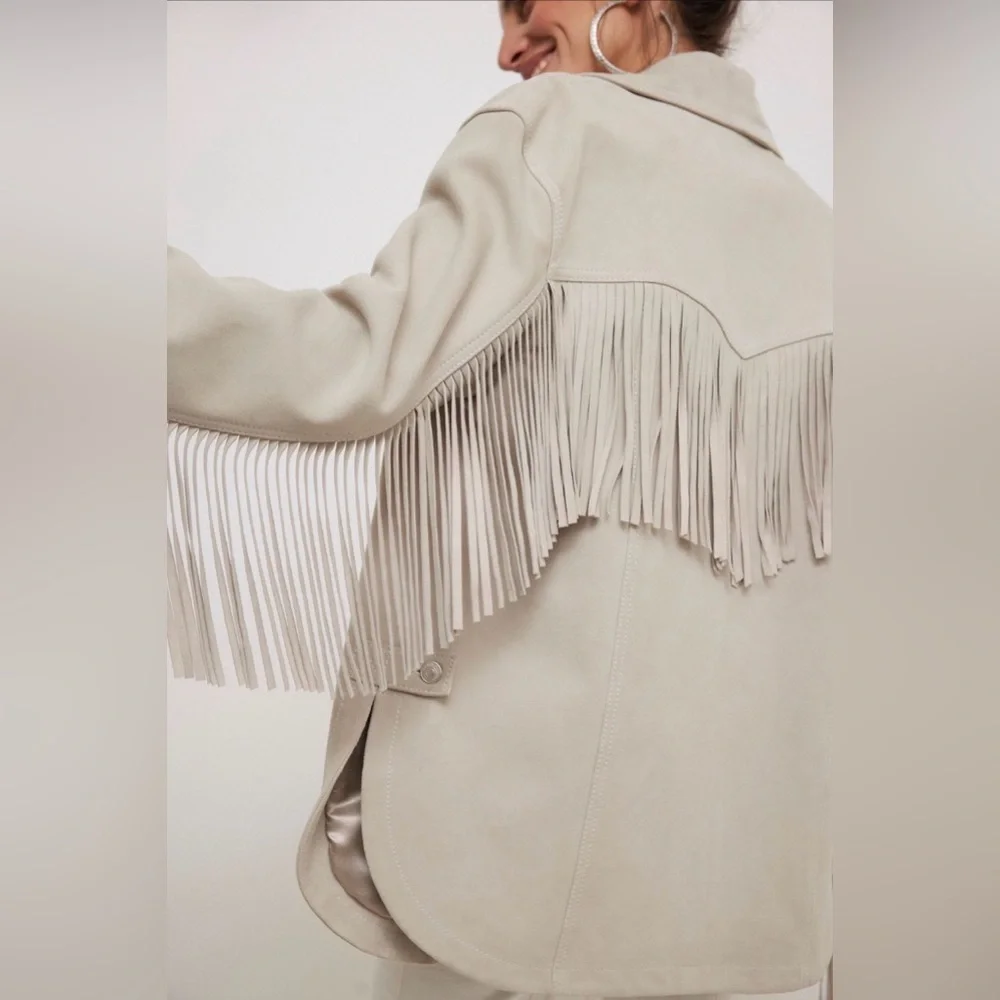 Free People Beige Fringe Leather Jacket